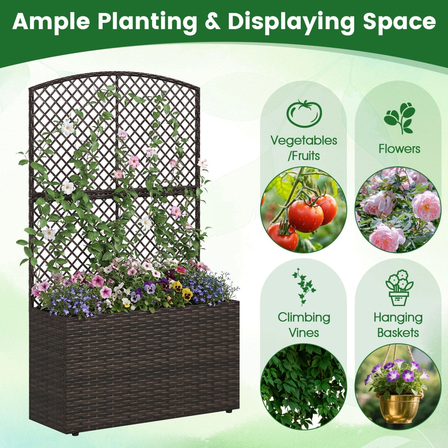 Set of 2 49 Inch Raised Garden Bed with Trellis and Wicker Planter Box - Cheeky Garden