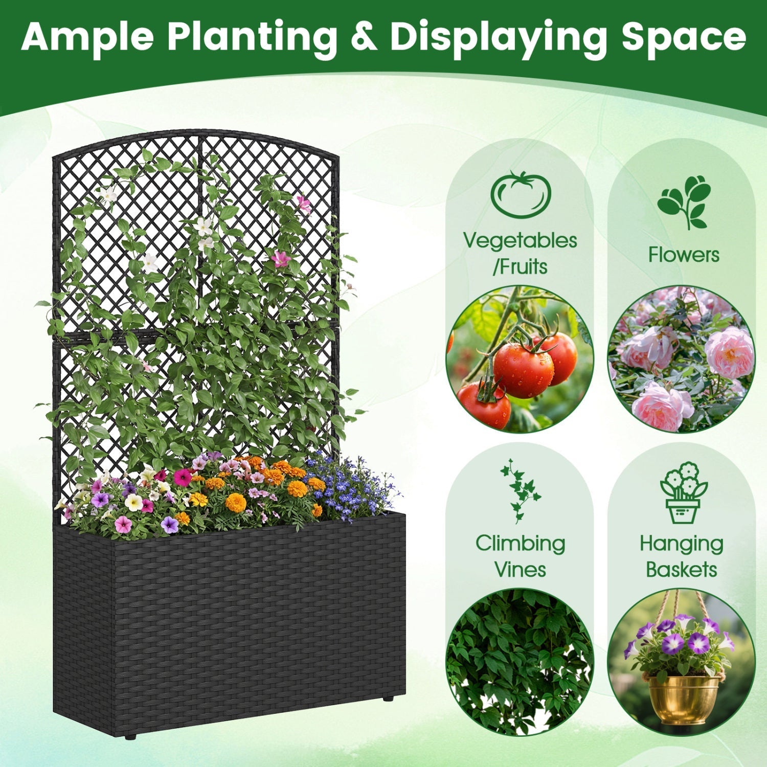 Set of 2 49 Inch Raised Garden Bed with Trellis and Wicker Planter Box - Cheeky Garden