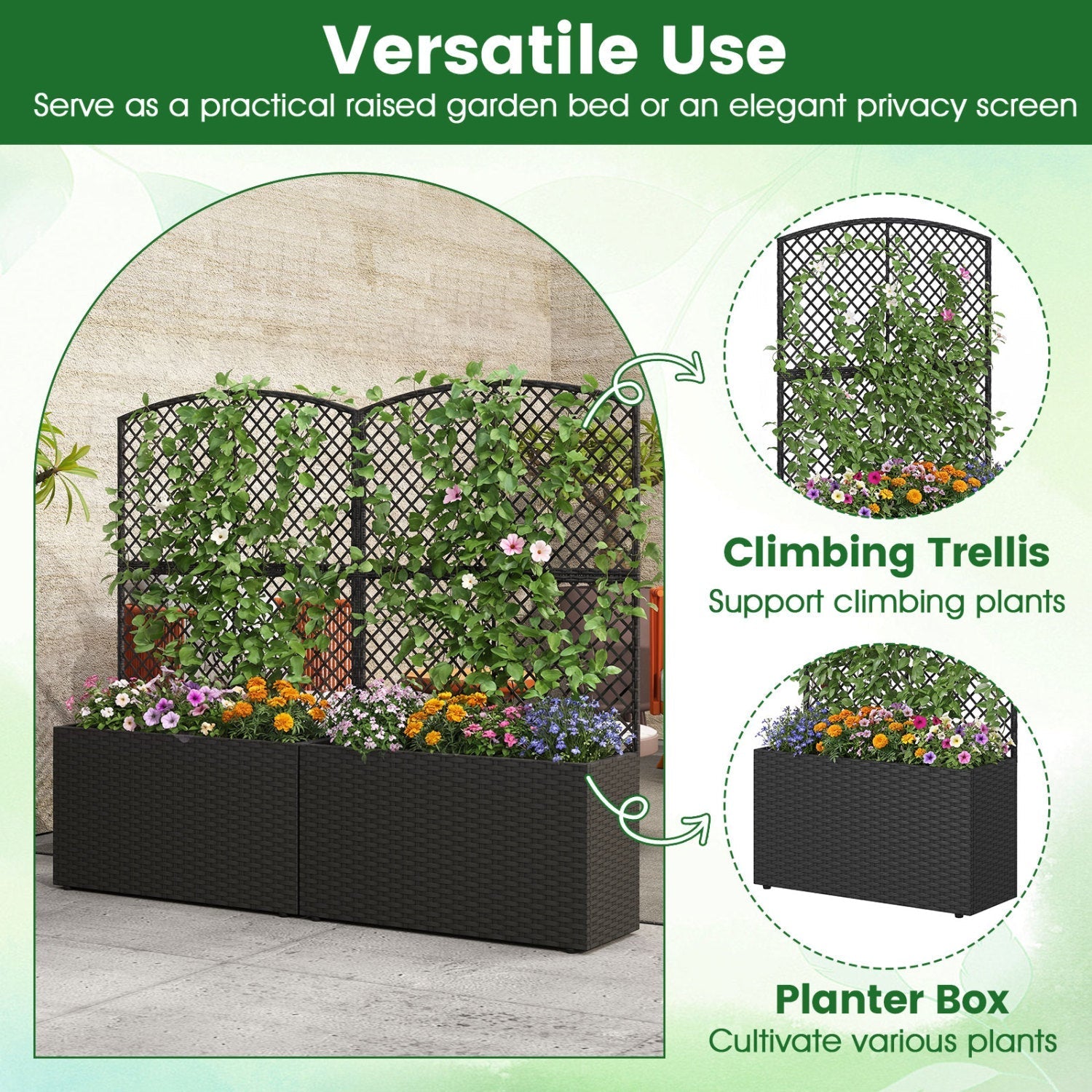 Set of 2 49 Inch Raised Garden Bed with Trellis and Wicker Planter Box - Cheeky Garden