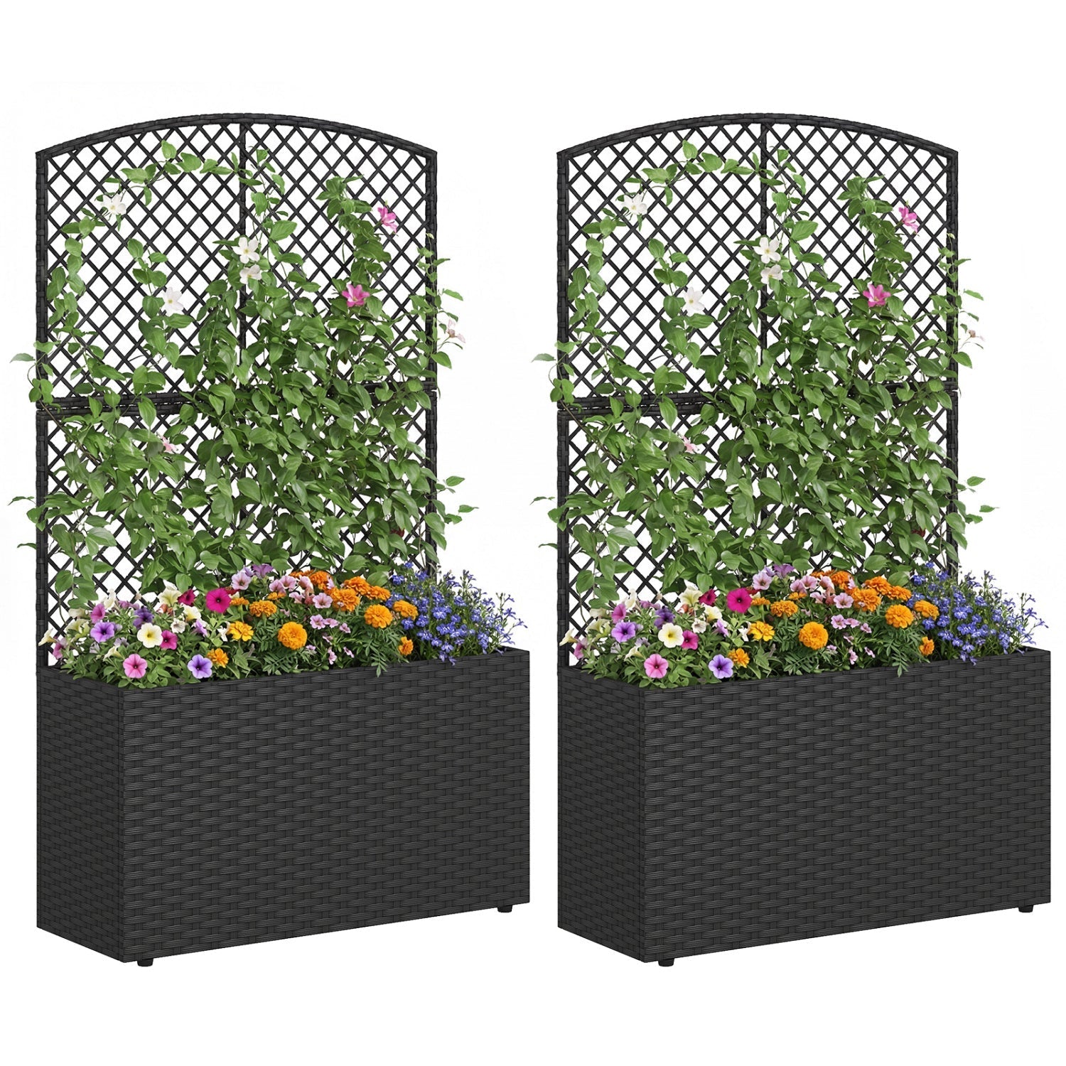 Set of 2 49 Inch Raised Garden Bed with Trellis and Wicker Planter Box - Cheeky Garden