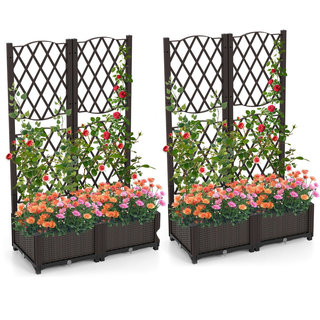 Set of 2 PE Rattan Raised Garden Bed with Trellis Planter Box for Climbing Plants-Rustic Brown - Cheeky Garden
