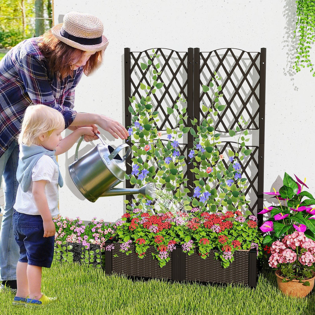 Set of 2 PE Rattan Raised Garden Bed with Trellis Planter Box for Climbing Plants-Rustic Brown - Cheeky Garden