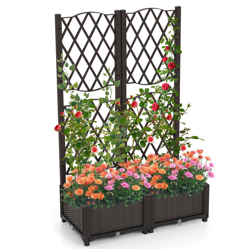 Set of 2 PE Rattan Raised Garden Bed with Trellis Planter Box for Climbing Plants-Rustic Brown - Cheeky Garden