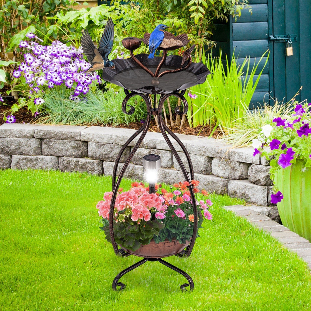 Solar Outdoor Bird Bath Feeder Combo with Flower Planter Pedestal and Solar Lights - Cheeky Garden