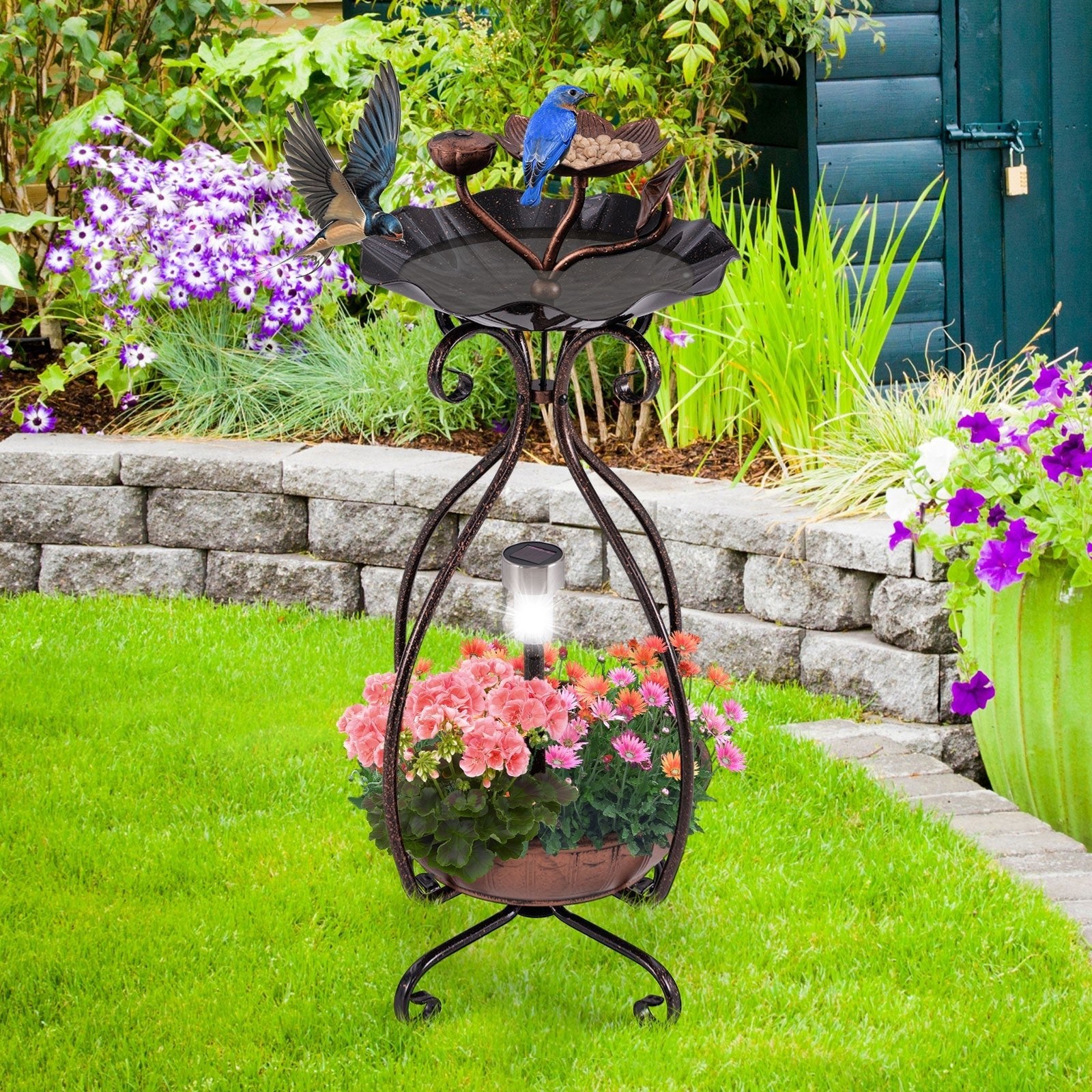 Solar Outdoor Bird Bath Feeder Combo with Flower Planter Pedestal and Solar Lights - Cheeky Garden