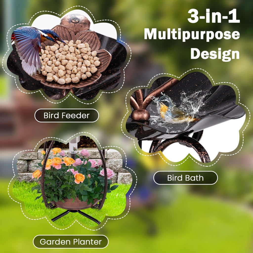 Solar Outdoor Bird Bath Feeder Combo with Flower Planter Pedestal and Solar Lights - Cheeky Garden