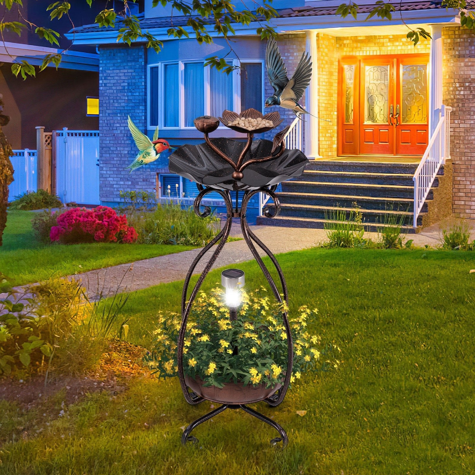 Solar Outdoor Bird Bath Feeder Combo with Flower Planter Pedestal and Solar Lights - Cheeky Garden