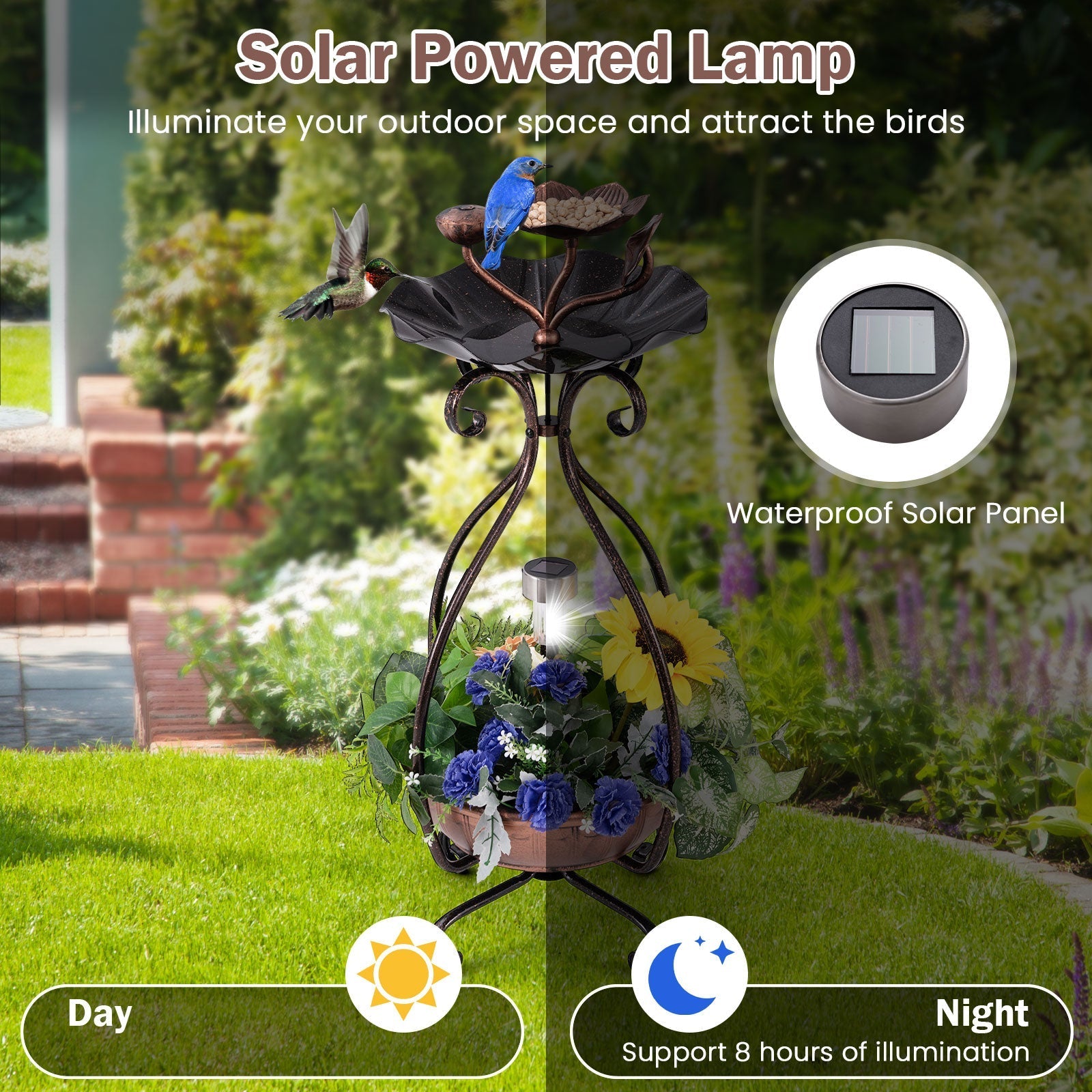 Solar Outdoor Bird Bath Feeder Combo with Flower Planter Pedestal and Solar Lights - Cheeky Garden