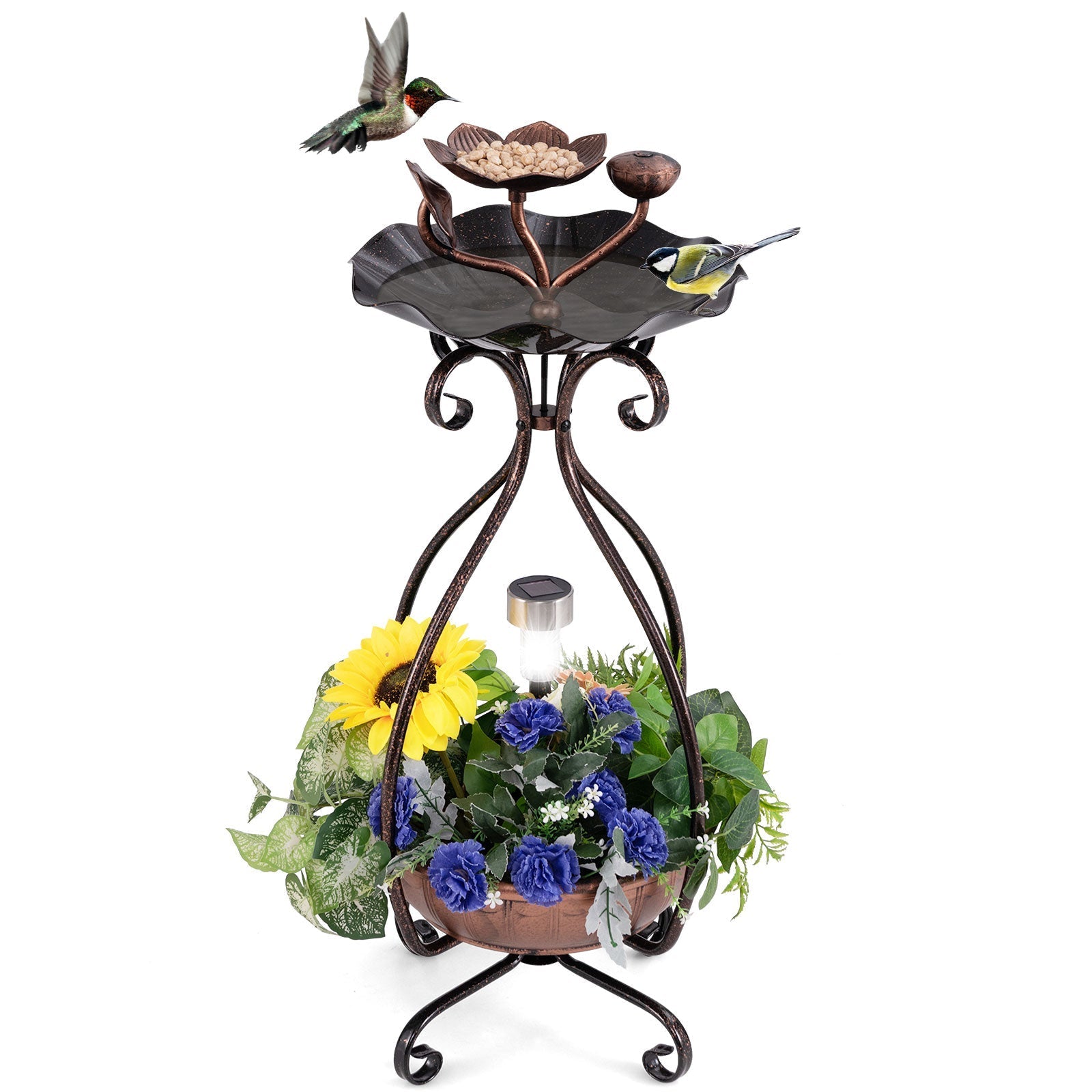 Solar Outdoor Bird Bath Feeder Combo with Flower Planter Pedestal and Solar Lights - Cheeky Garden