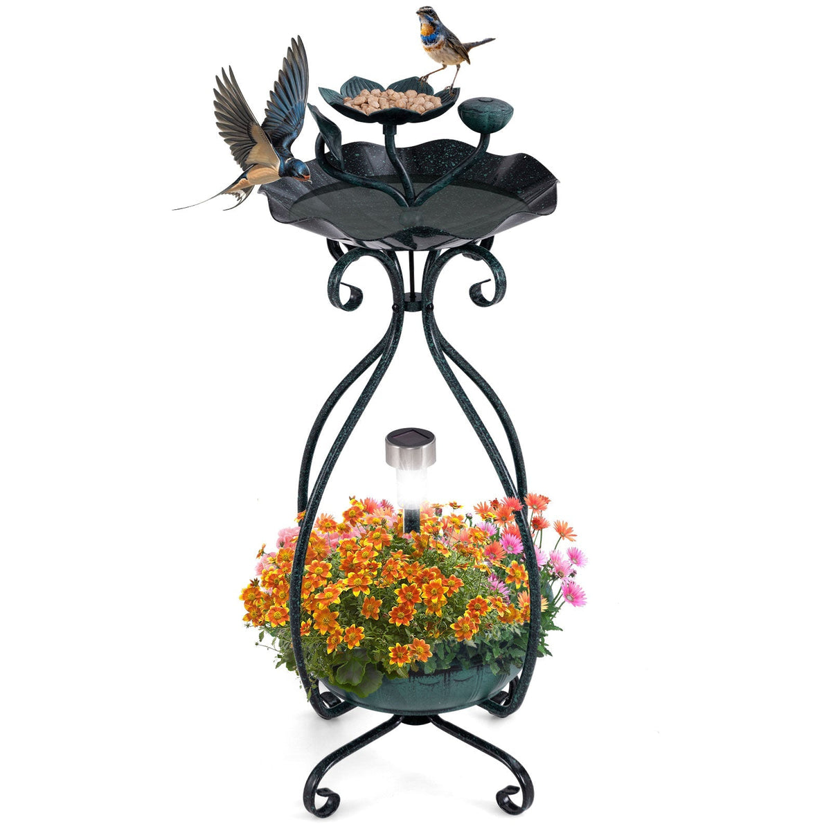 Solar Outdoor Bird Bath Feeder Combo with Flower Planter Pedestal and Solar Lights - Cheeky Garden