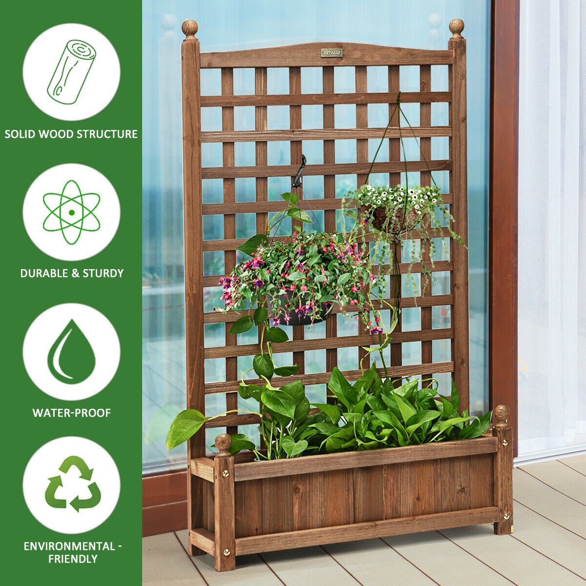 Solid Free Standing Wood Planter Box with Trellis for Garden - Cheeky Garden