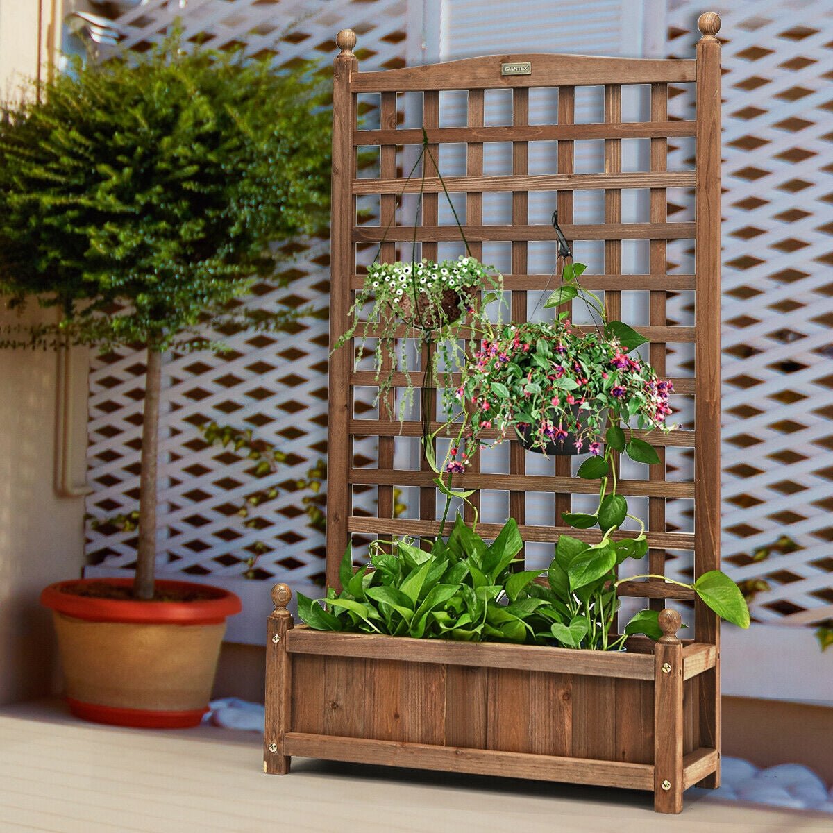 Solid Free Standing Wood Planter Box with Trellis for Garden - Cheeky Garden