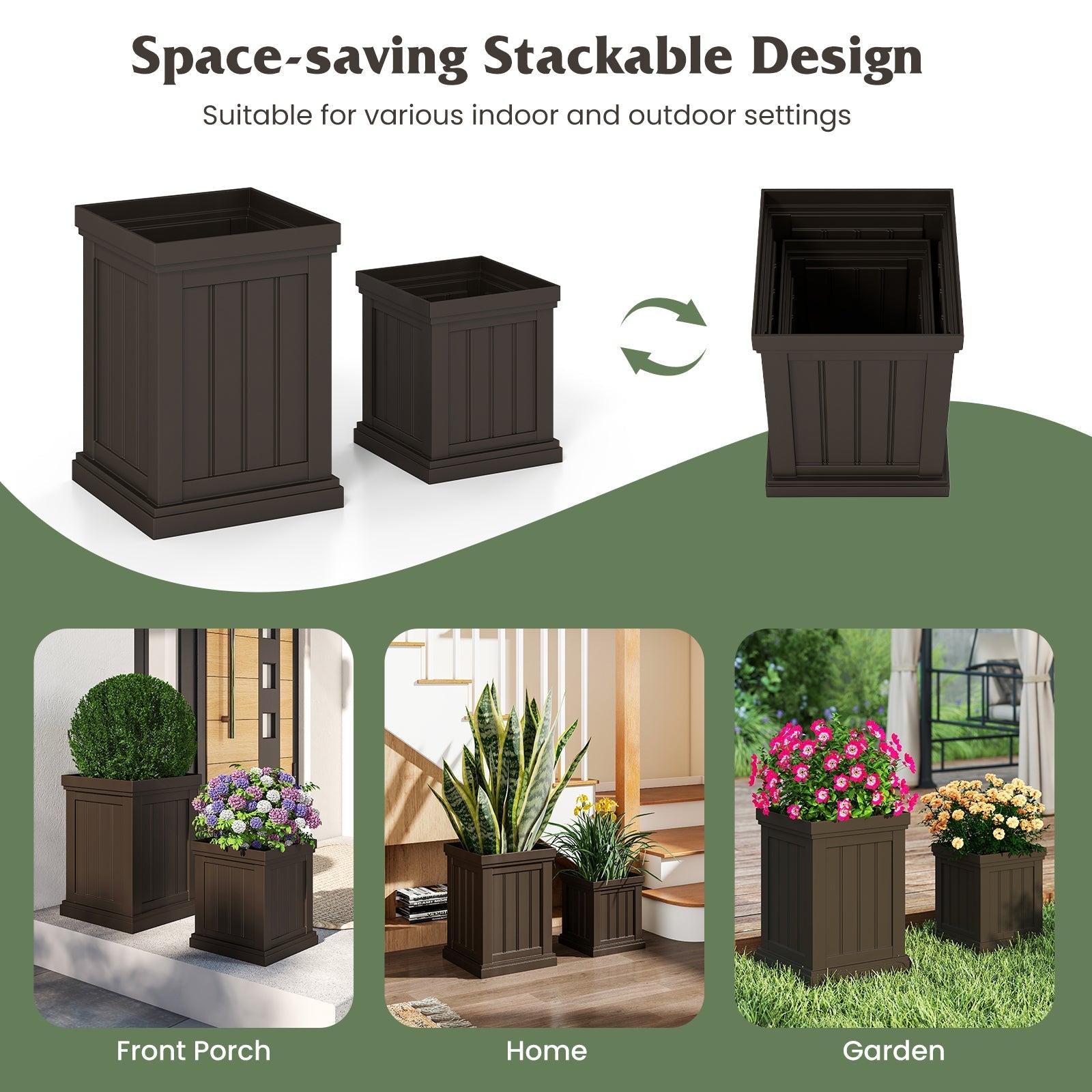 Square Plastic Planters Set of 2 Small Flower Pots with Drainage Holes and Nesting Design-Brown - Cheeky Garden