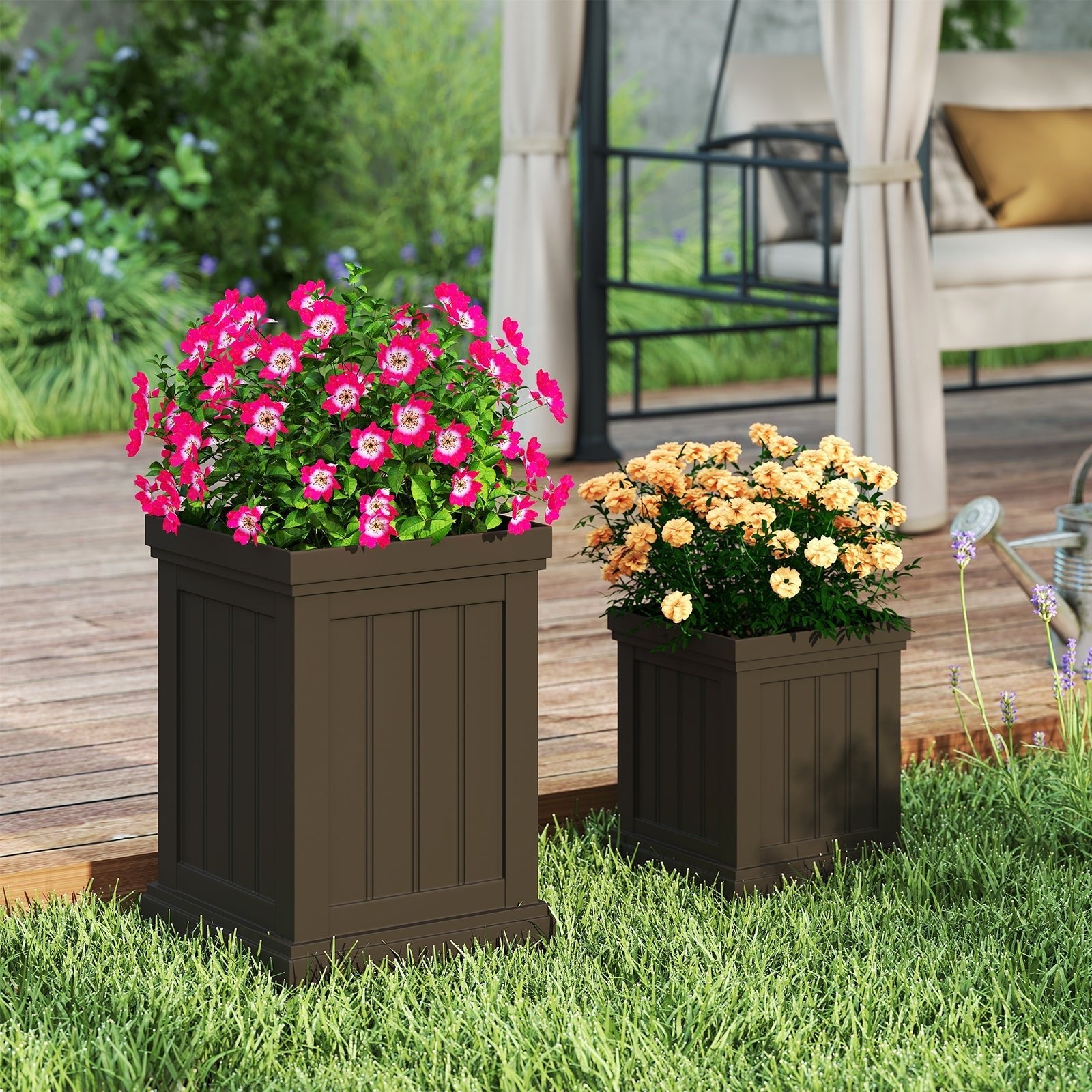 Square Plastic Planters Set of 2 Small Flower Pots with Drainage Holes and Nesting Design-Brown - Cheeky Garden