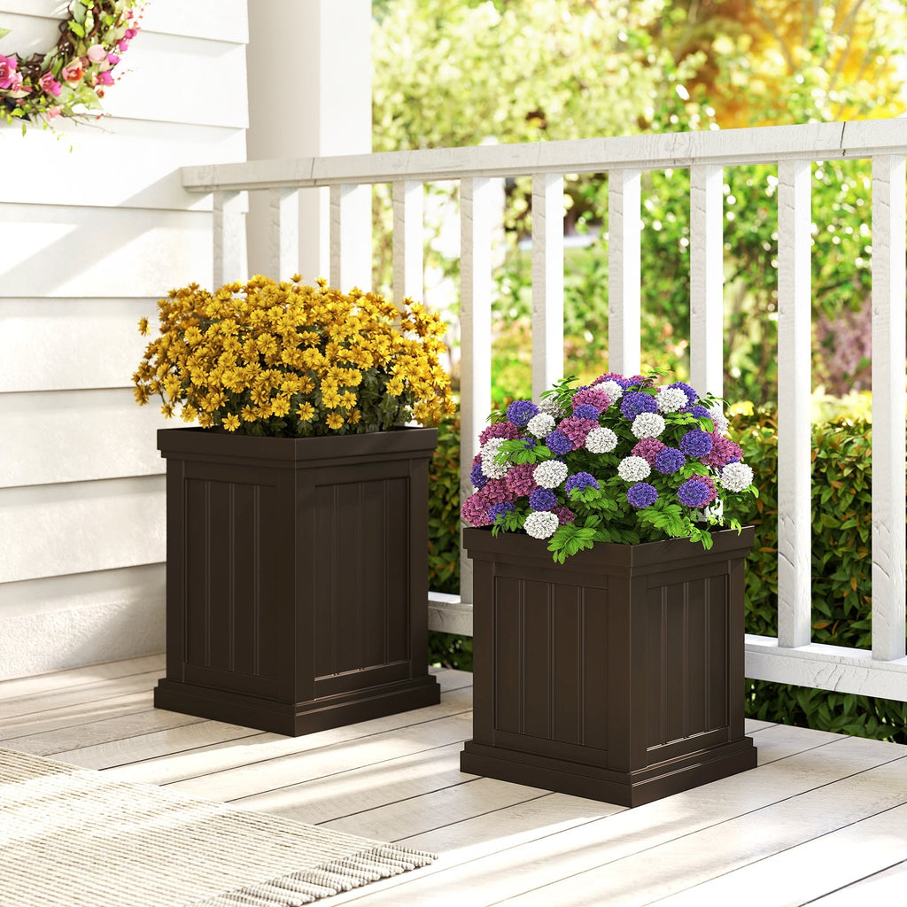 Square Plastic Planters Set of 2 Small Flower Pots with Drainage Holes and Nesting Design-Brown - Cheeky Garden