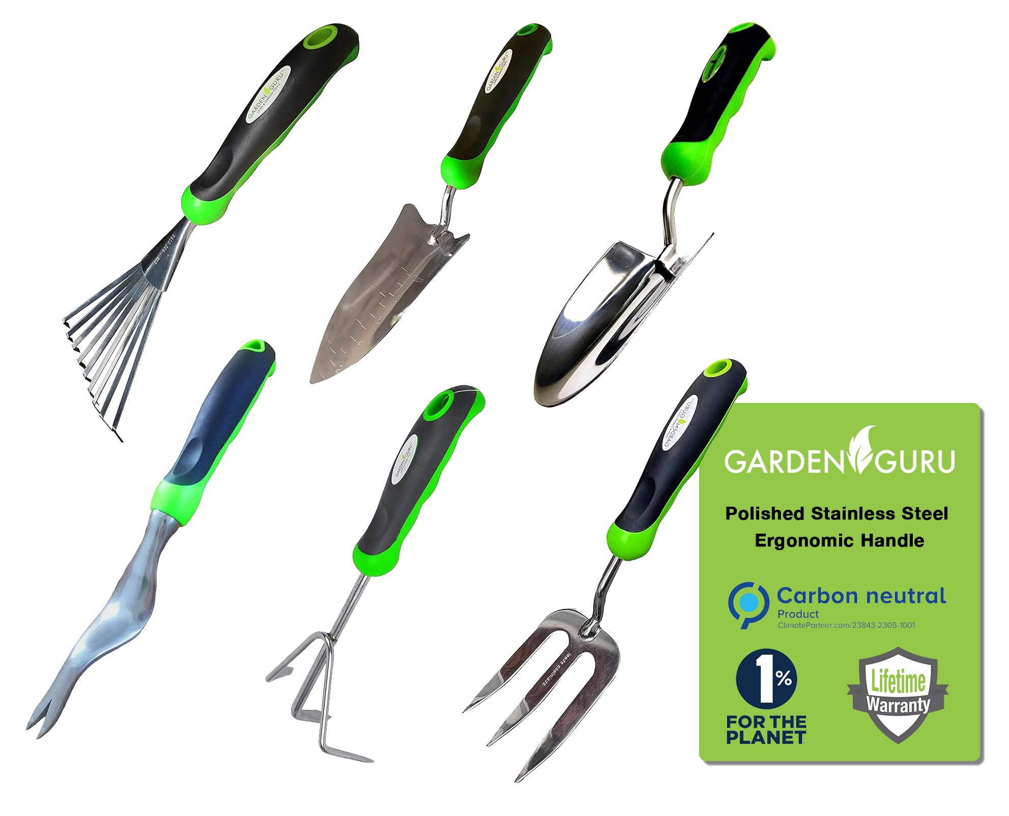 Stainless Steel 6pc Gardening Tool Set (Includes Trowel Transplanter Rake Weeder Cultivator Fork) - Cheeky Garden