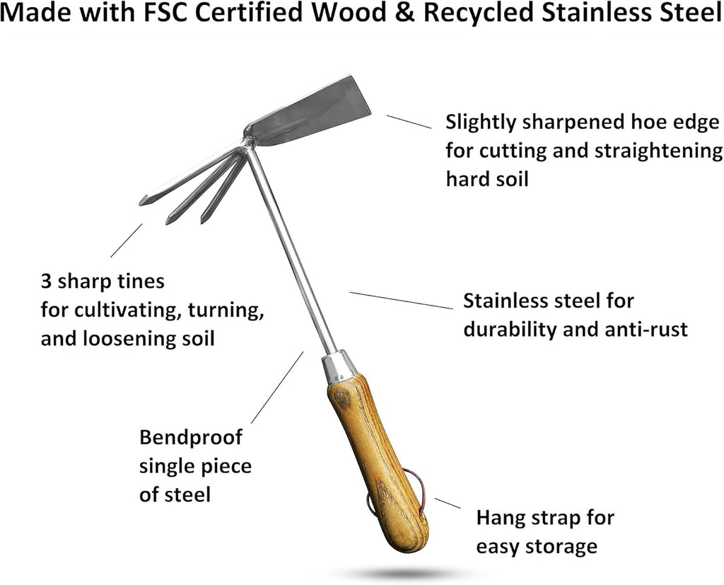 Stainless Steel Garden Cultivator Hoe with Wood Handle - Cheeky Garden