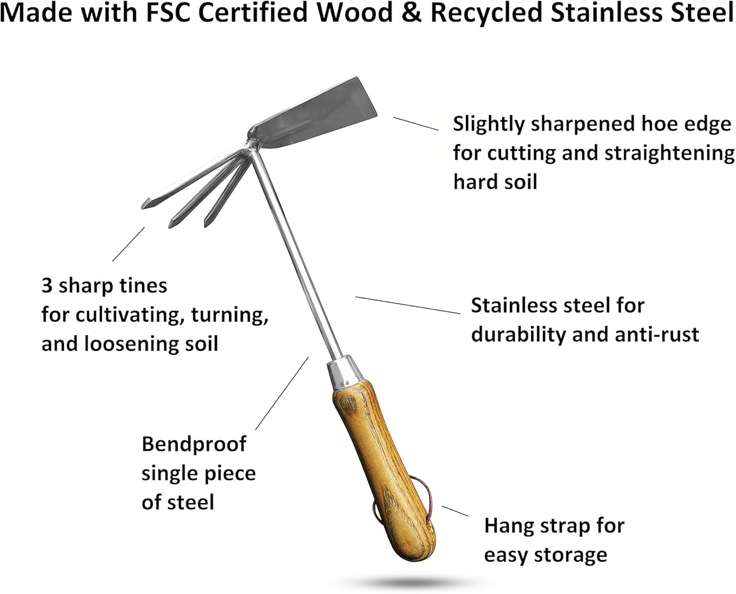 Stainless Steel Garden Cultivator Hoe with Wood Handle - Cheeky Garden