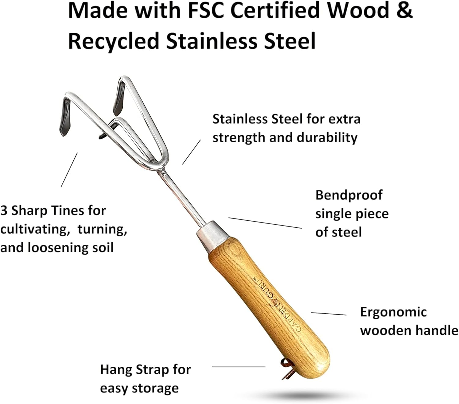 Stainless Steel Garden Cultivator with Wood Handle - Cheeky Garden