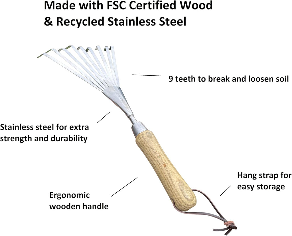 Stainless Steel Garden Hand Rake (classic wood handle) - Cheeky Garden