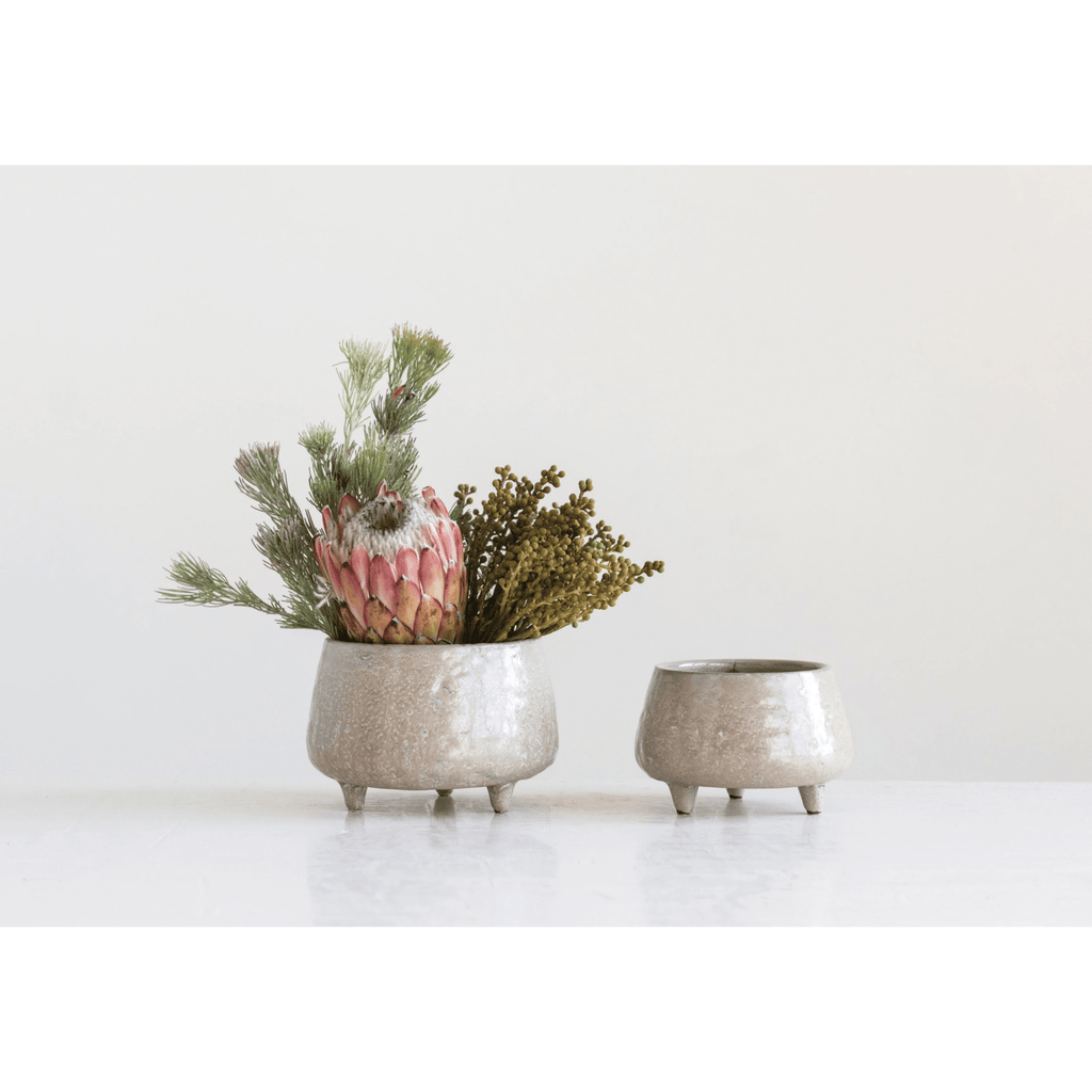 Stoneware Footed Planter with Glazed Finish - Cheeky Garden
