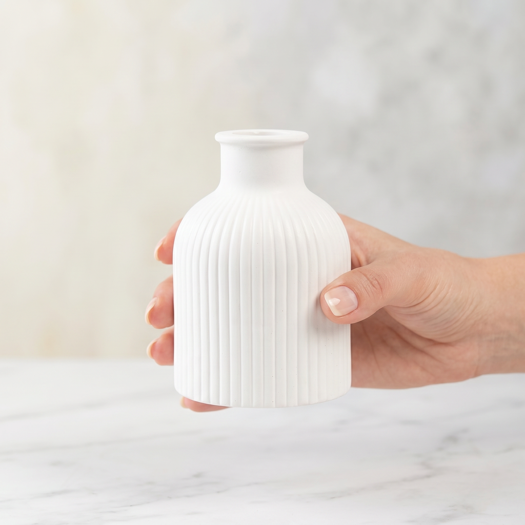 Ribbed Bottle Vase – Gypsum White 4"
