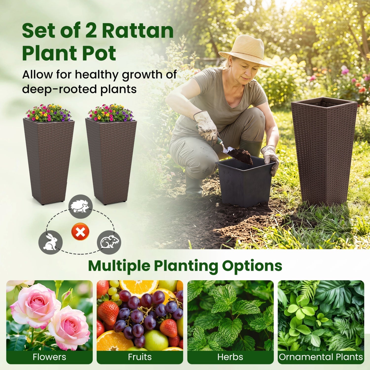 Tall Rattan Plant Pots with Liners - Set of 2 - Cheeky Garden