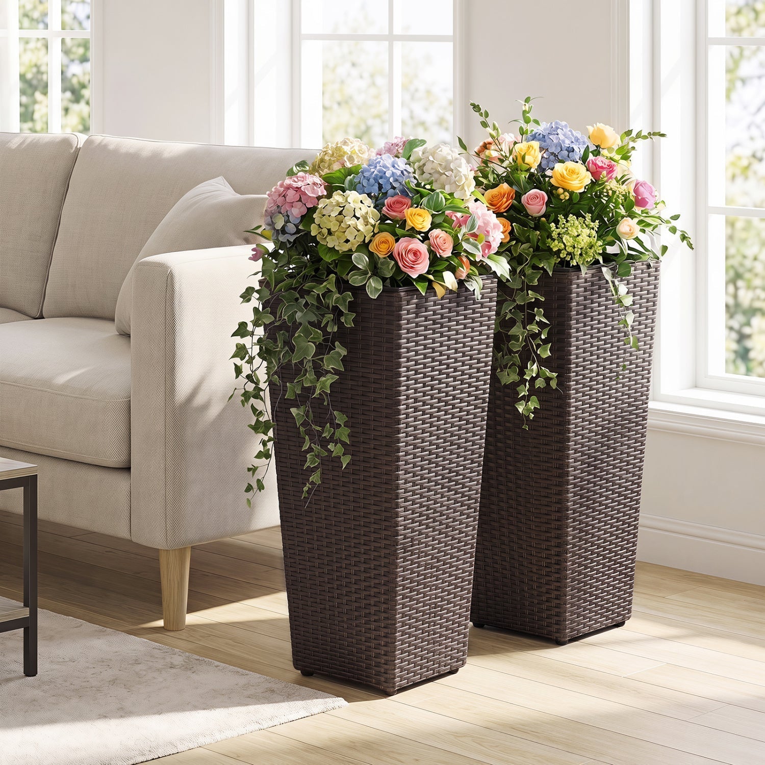 Tall Rattan Plant Pots with Liners - Set of 2 - Cheeky Garden