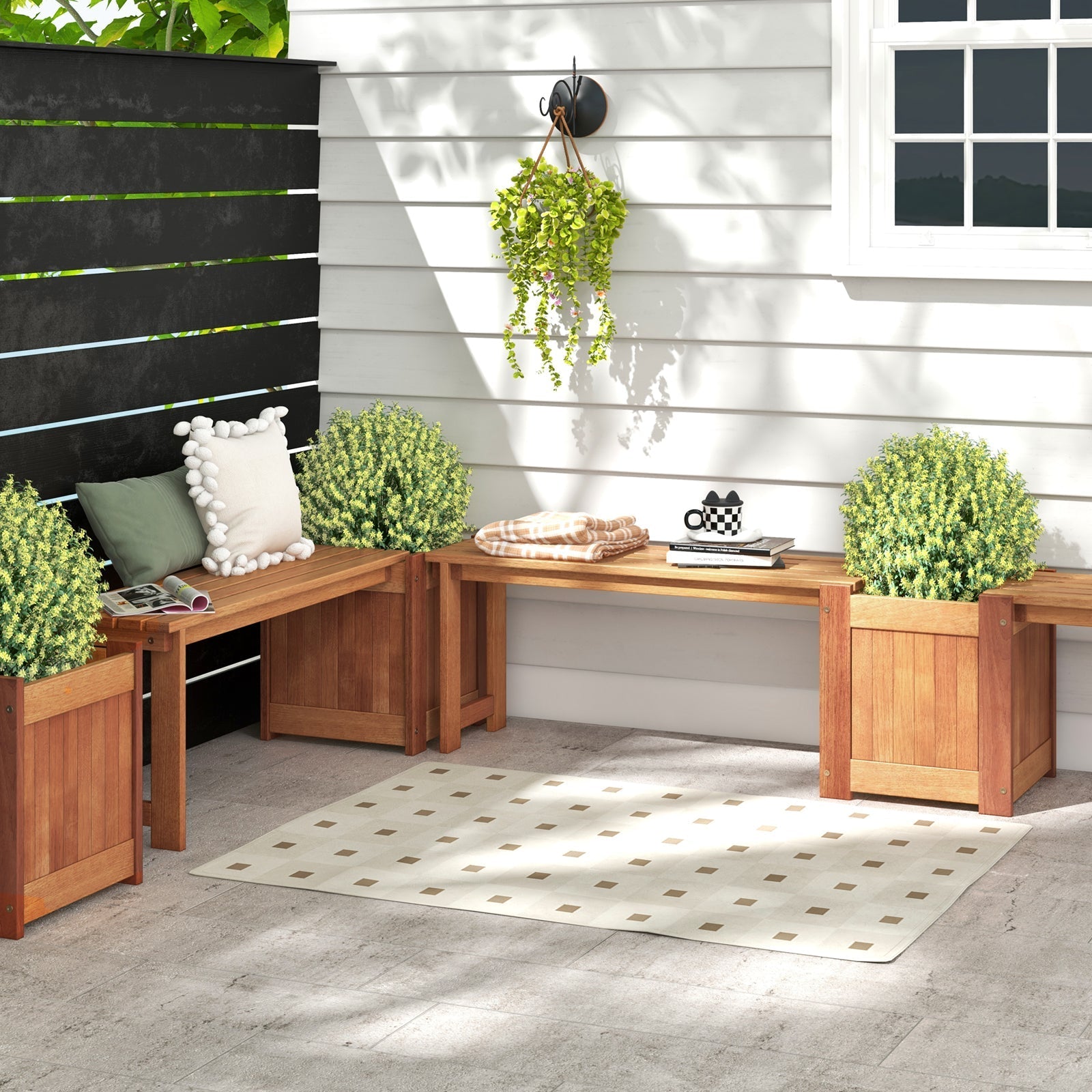 Teak Oil Finish Raised Garden Bed Wood Planter Box with Bench - Cheeky Garden