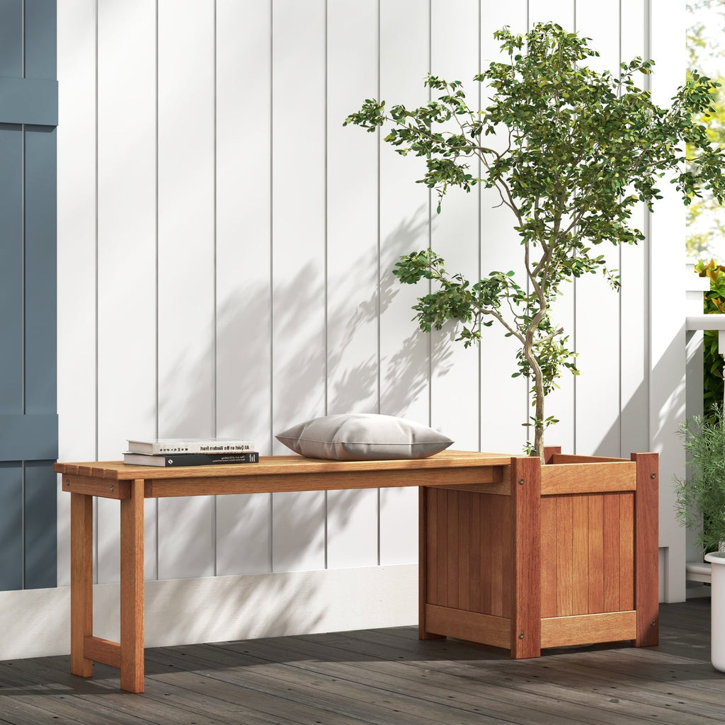 Teak Oil Finish Raised Garden Bed Wood Planter Box with Bench - Cheeky Garden