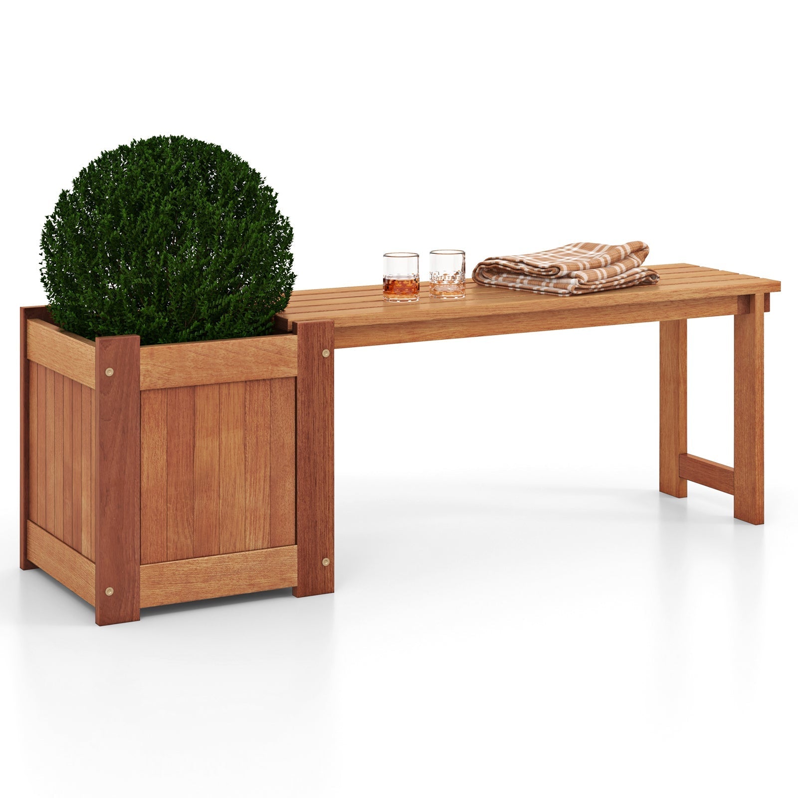 Teak Oil Finish Raised Garden Bed Wood Planter Box with Bench - Cheeky Garden