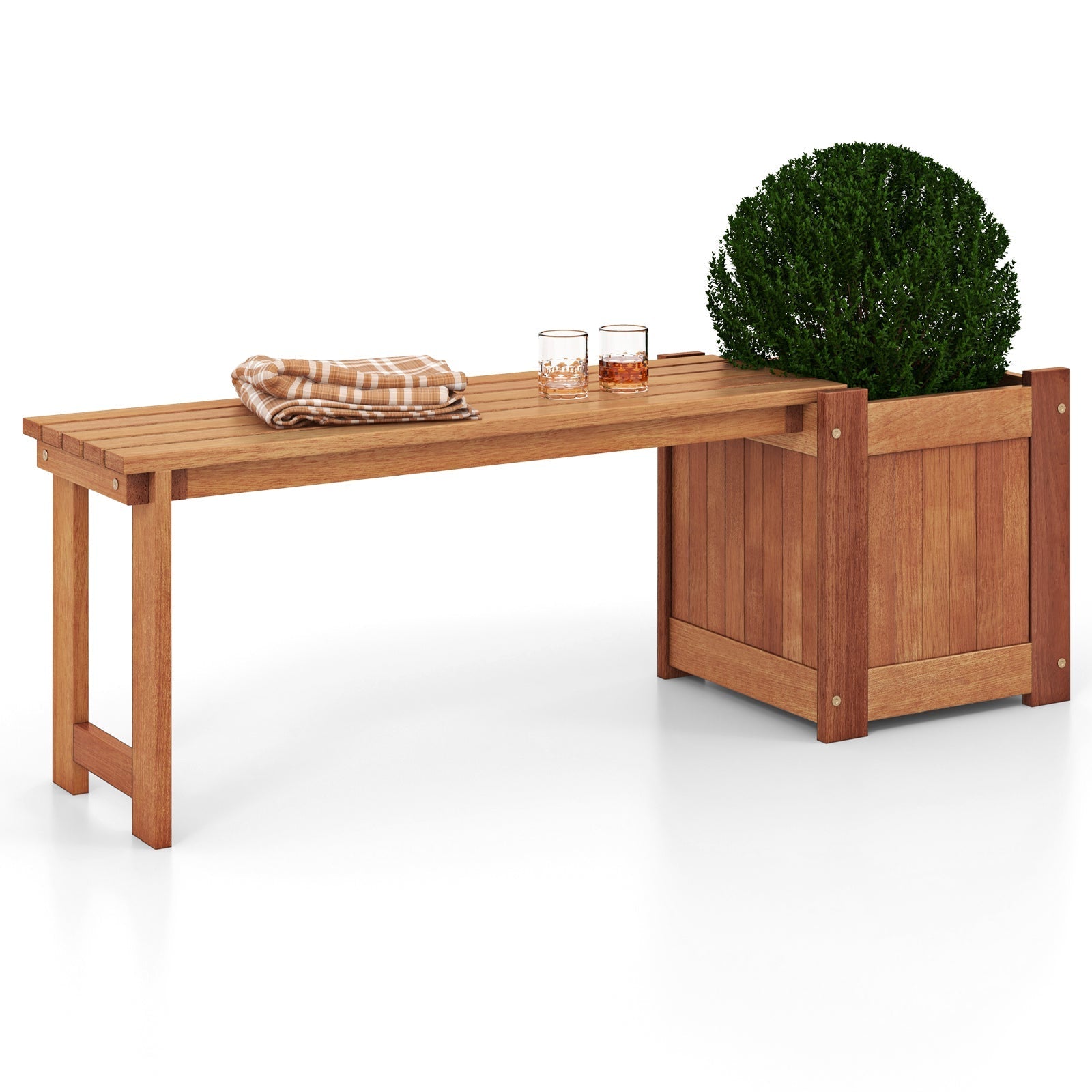 Teak Oil Finish Raised Garden Bed Wood Planter Box with Bench - Cheeky Garden