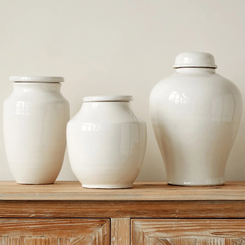 Terracotta Cachepot Jar in White Glaze, Short - Cheeky Garden