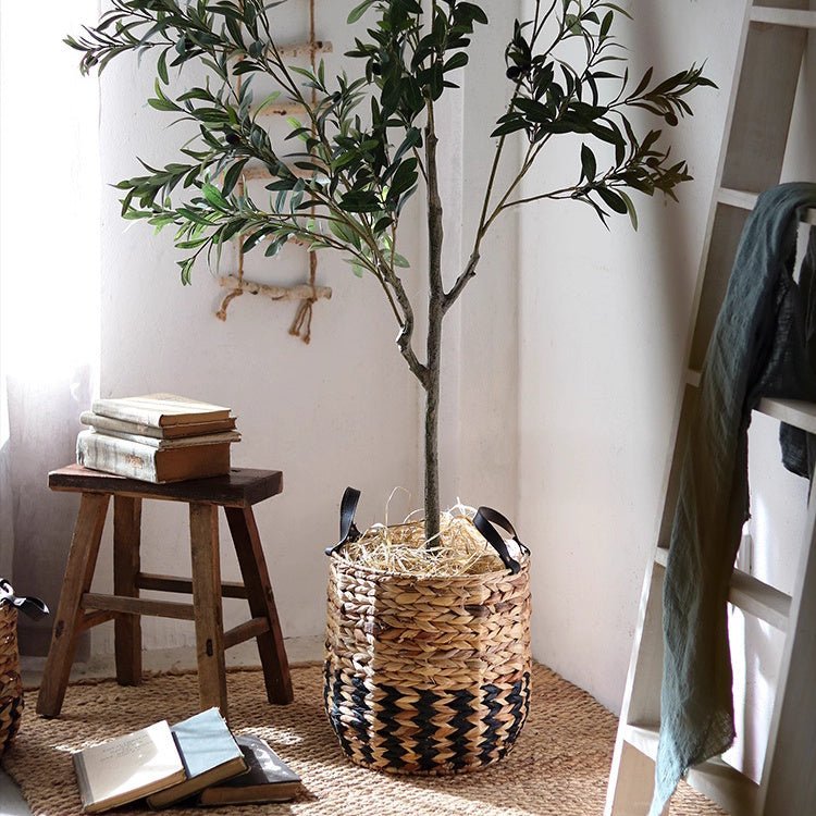 Two-Tone Basket Planter with Leather Handles - Cheeky Garden
