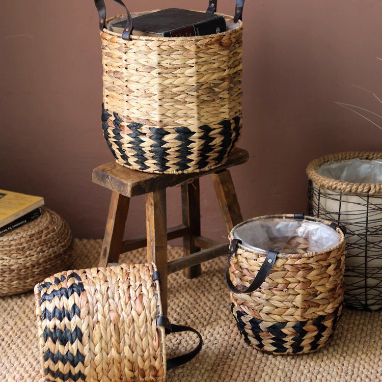 Two-Tone Basket Planter with Leather Handles - Cheeky Garden