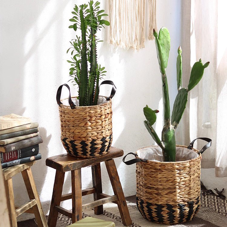 Two-Tone Basket Planter with Leather Handles - Cheeky Garden