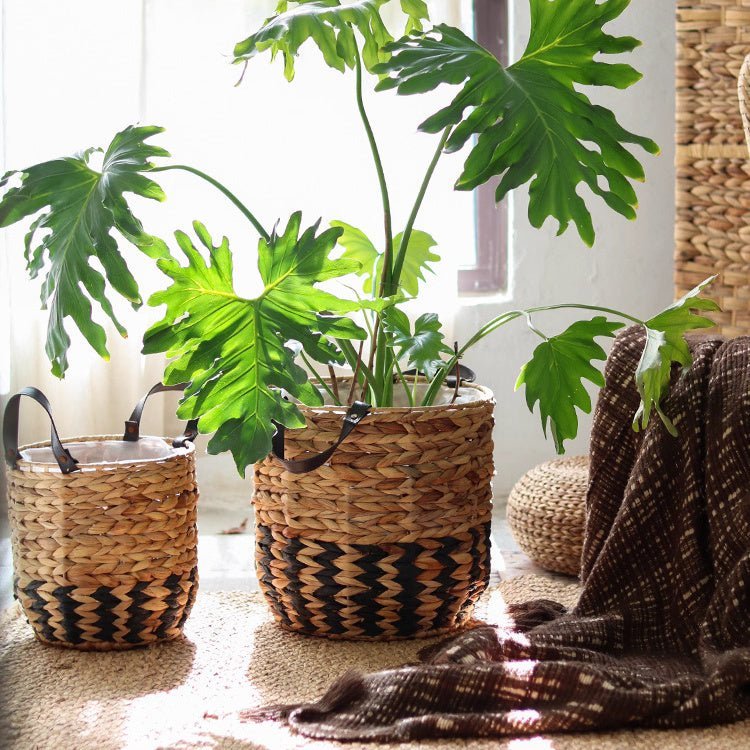 Two-Tone Basket Planter with Leather Handles - Cheeky Garden