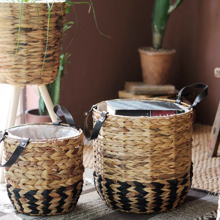 Two-Tone Basket Planter with Leather Handles - Cheeky Garden