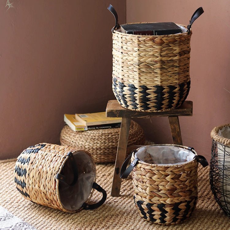 Two-Tone Basket Planter with Leather Handles - Cheeky Garden