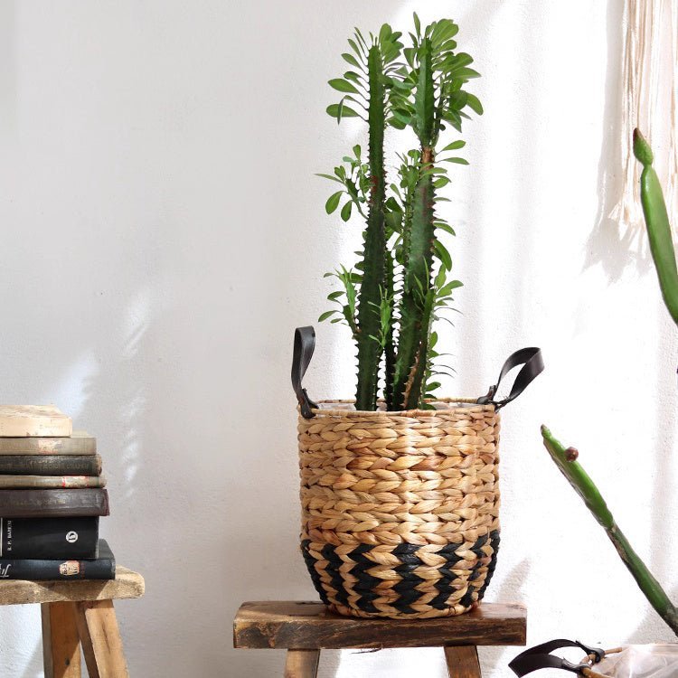 Two-Tone Basket Planter with Leather Handles - Cheeky Garden
