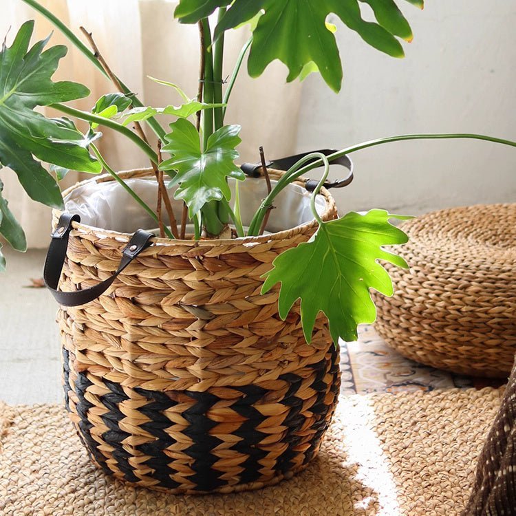 Two-Tone Basket Planter with Leather Handles - Cheeky Garden