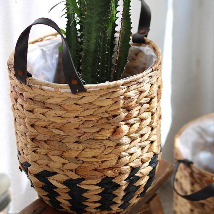 Two-Tone Basket Planter with Leather Handles - Cheeky Garden