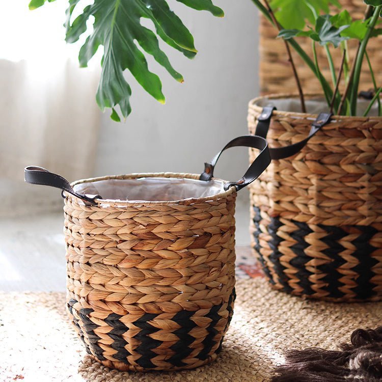 Two-Tone Basket Planter with Leather Handles - Cheeky Garden