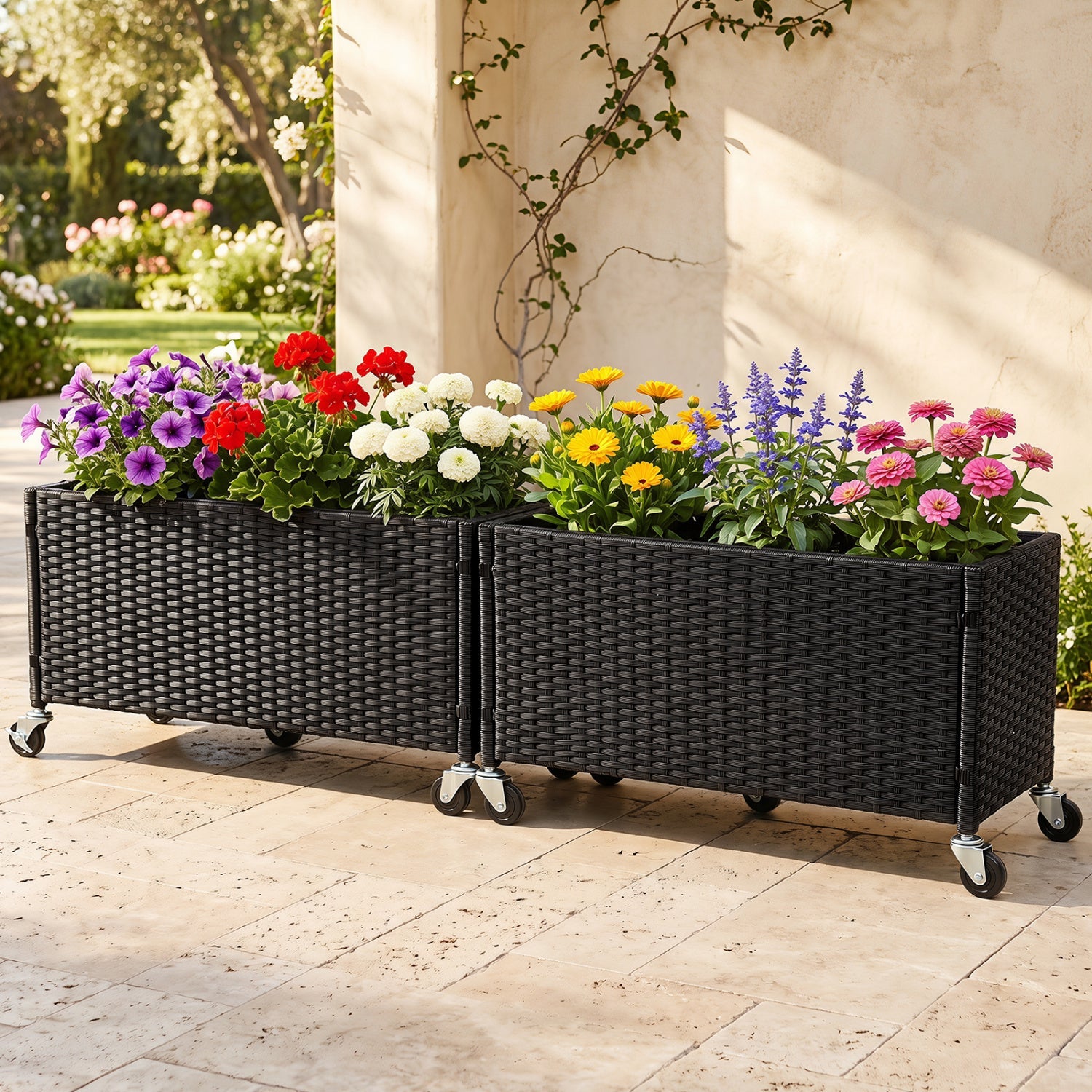 Raised Garden Bed Set of 2 with Wheels and PE Rattan