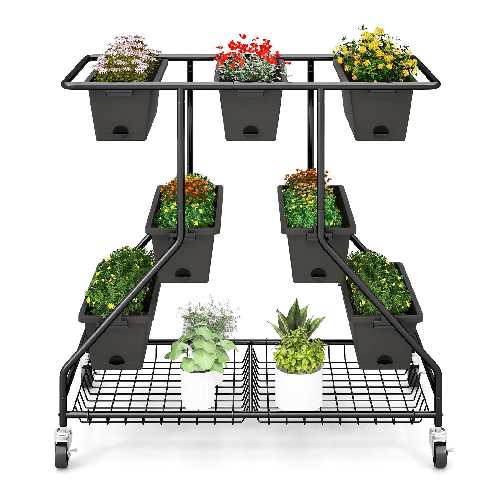 Vertical Raised Garden Bed with 7 Planter Boxes and Storage Baskets-Black - Cheeky Garden