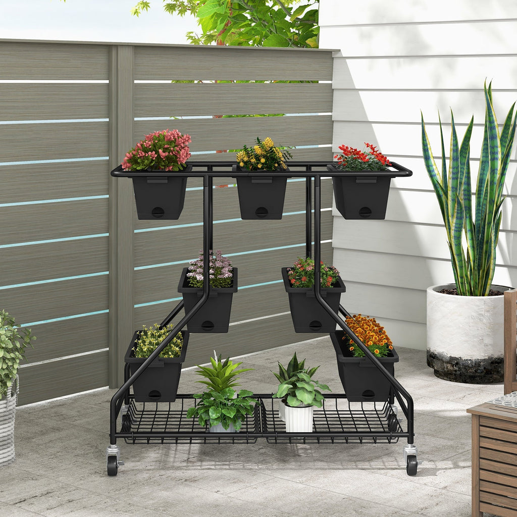 Vertical Raised Garden Bed with 7 Planter Boxes and Storage Baskets-Black - Cheeky Garden