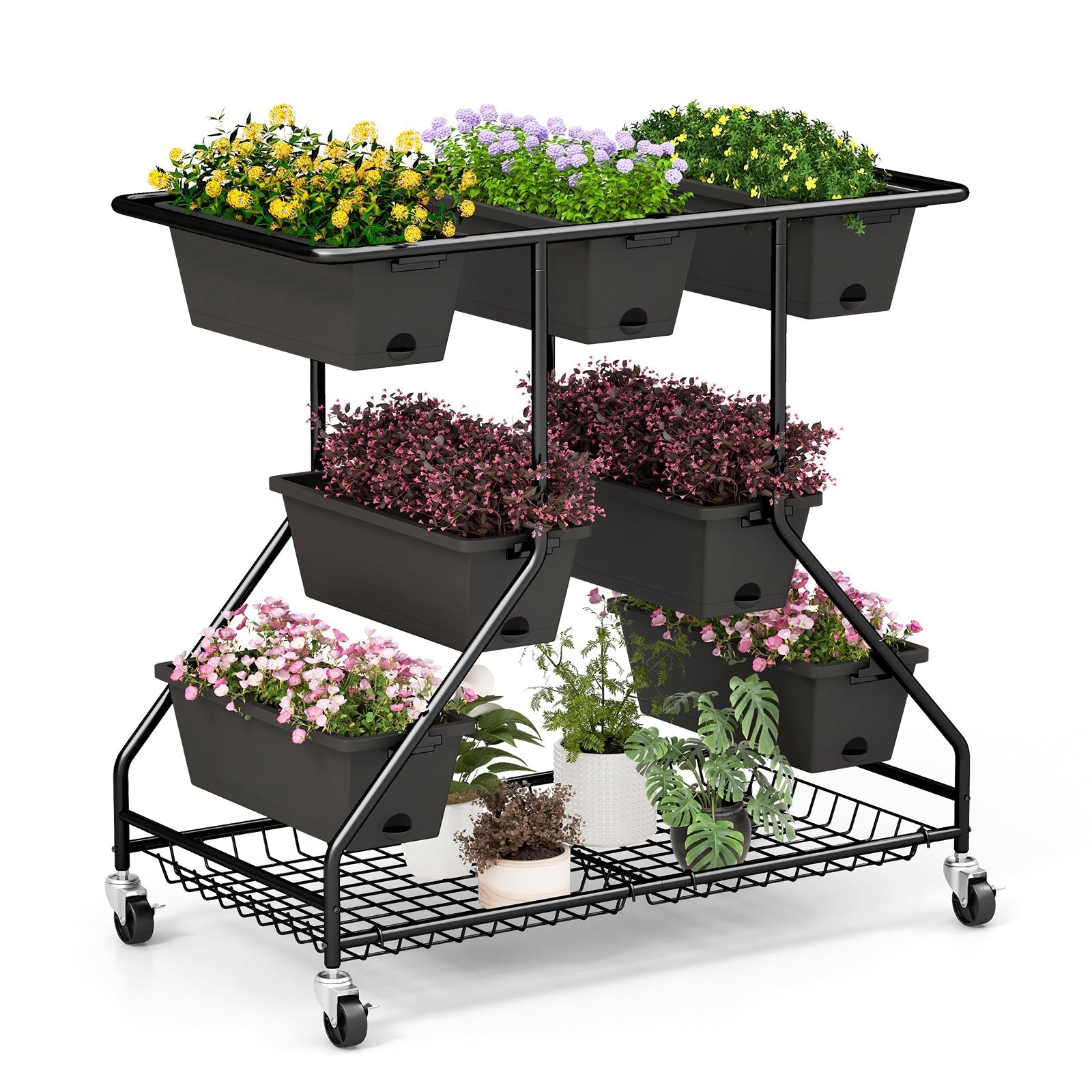 Vertical Raised Garden Bed with 7 Planter Boxes and Storage Baskets-Black - Cheeky Garden