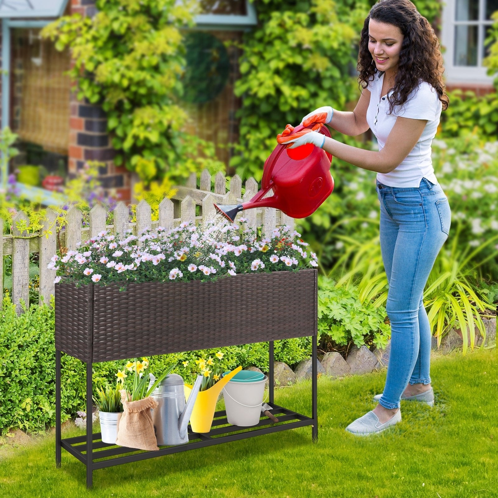 Wicker Raised Garden Bed with Storage Shelf and Drainage Gaps for Flowers - Cheeky Garden