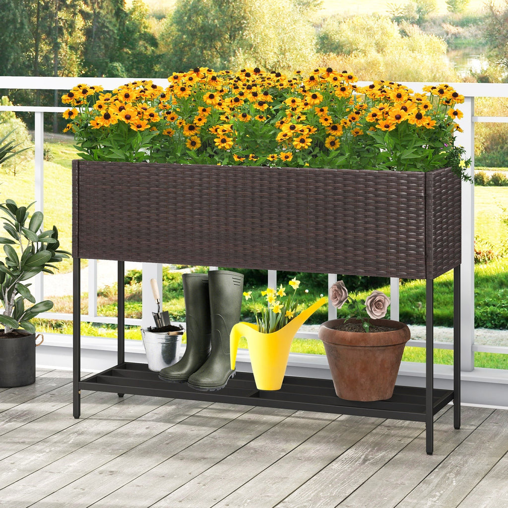 Wicker Raised Garden Bed with Storage Shelf and Drainage Gaps for Flowers - Cheeky Garden