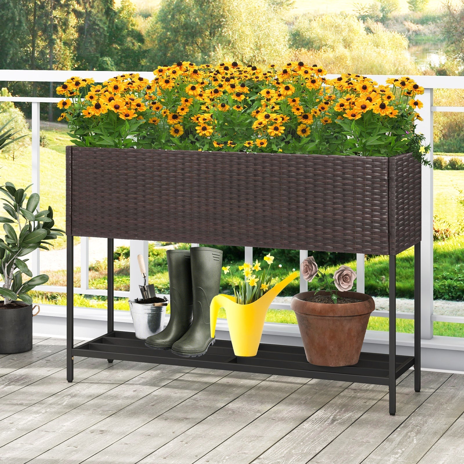 Wicker Raised Garden Bed with Storage Shelf and Drainage Gaps for Flowers - Cheeky Garden